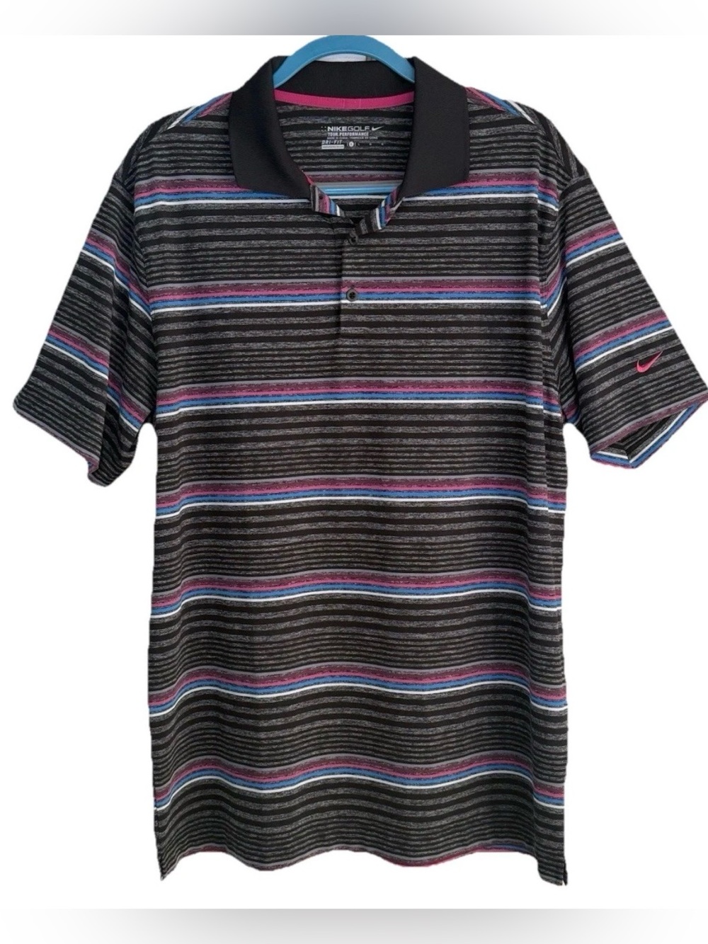 Nike Golf Tour Performance Dri-Fit Polo Shirt Mens Sz L Black Blue Pink Striped - Picture 2 of 7